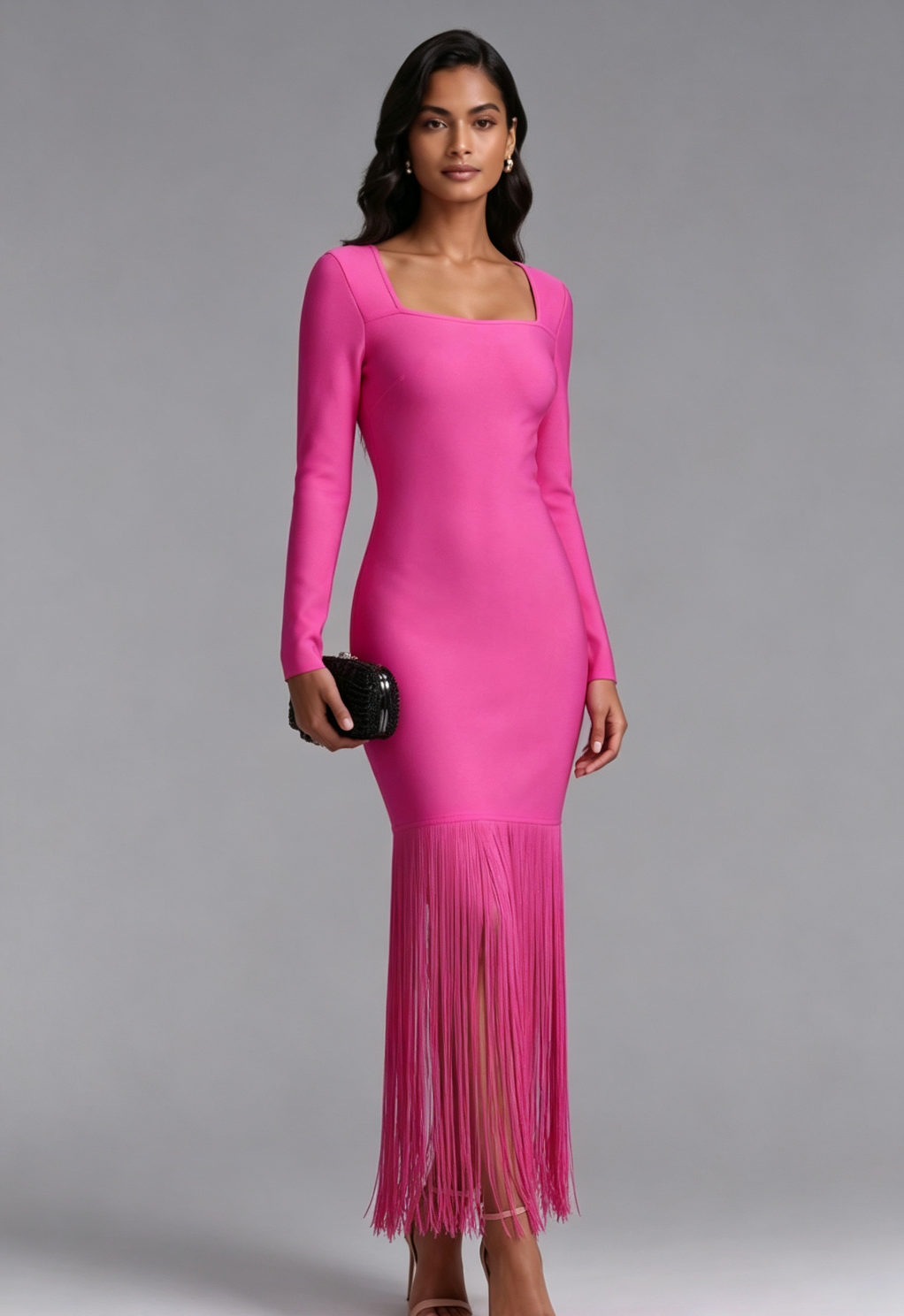 6ec9207d15d67ddcae348302d2d18ad1 PINK FRINGE MIDI DRESS LONG SLEEVE COCKTAIL
