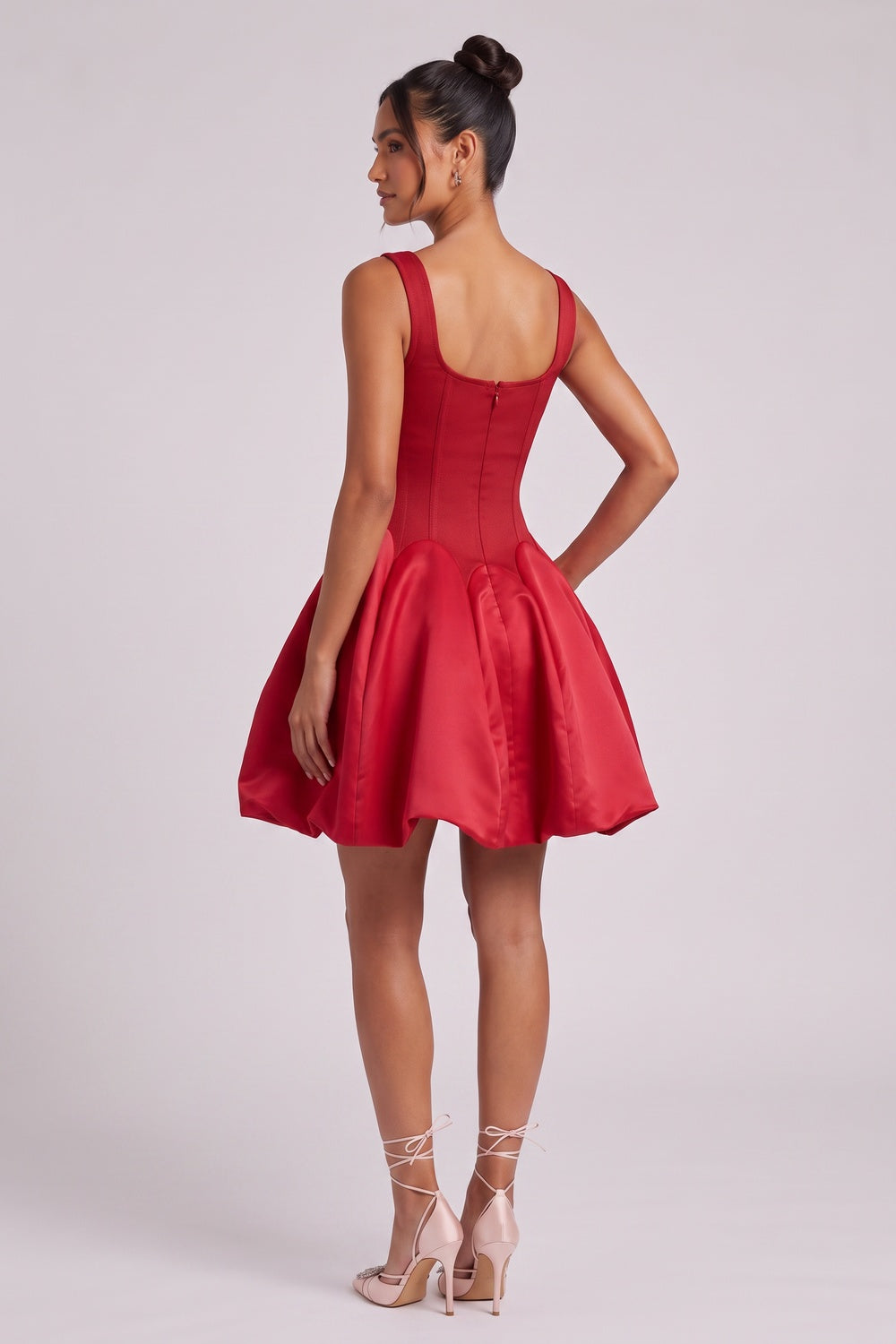 6fbe591d8e8aed73 RED SATIN FIT-AND-FLARE MINI DRESS