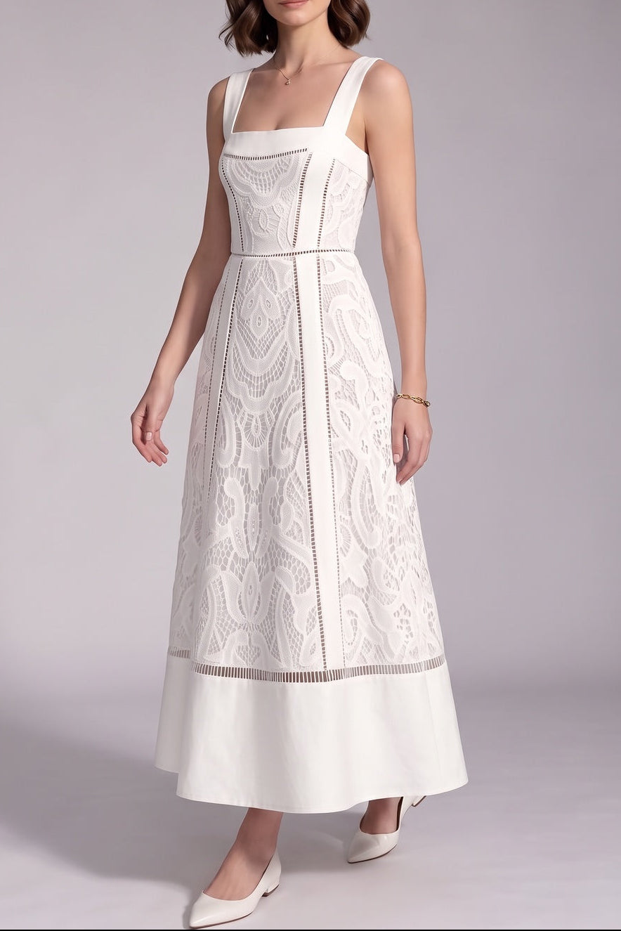70c15b8bc432d4c8 WHITE EYELET LACE A-LINE MIDI DRESS - SUMMER STYLE