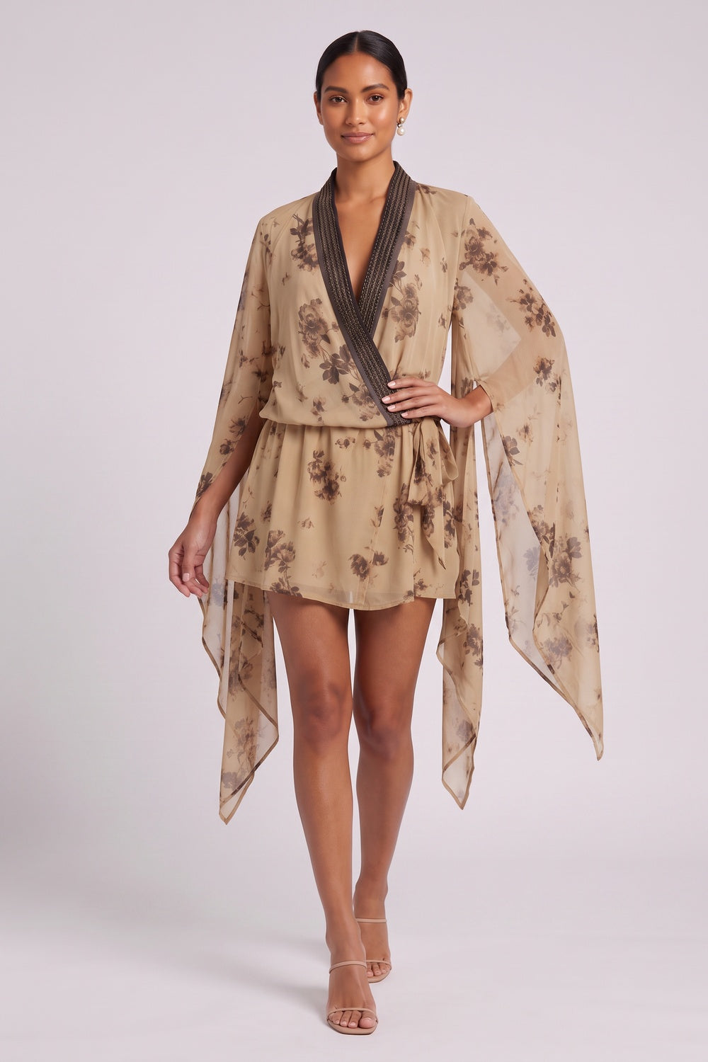 70d27ea1c4b8826c BEIGE CHIFFON CAPE-SLEEVE WRAP MINI DRESS