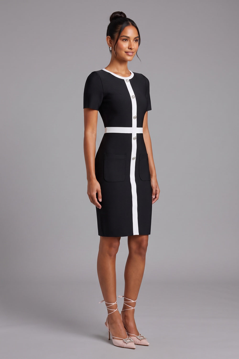 BLACK SHEATH DRESS WHITE PANEL WORK OFFICE
