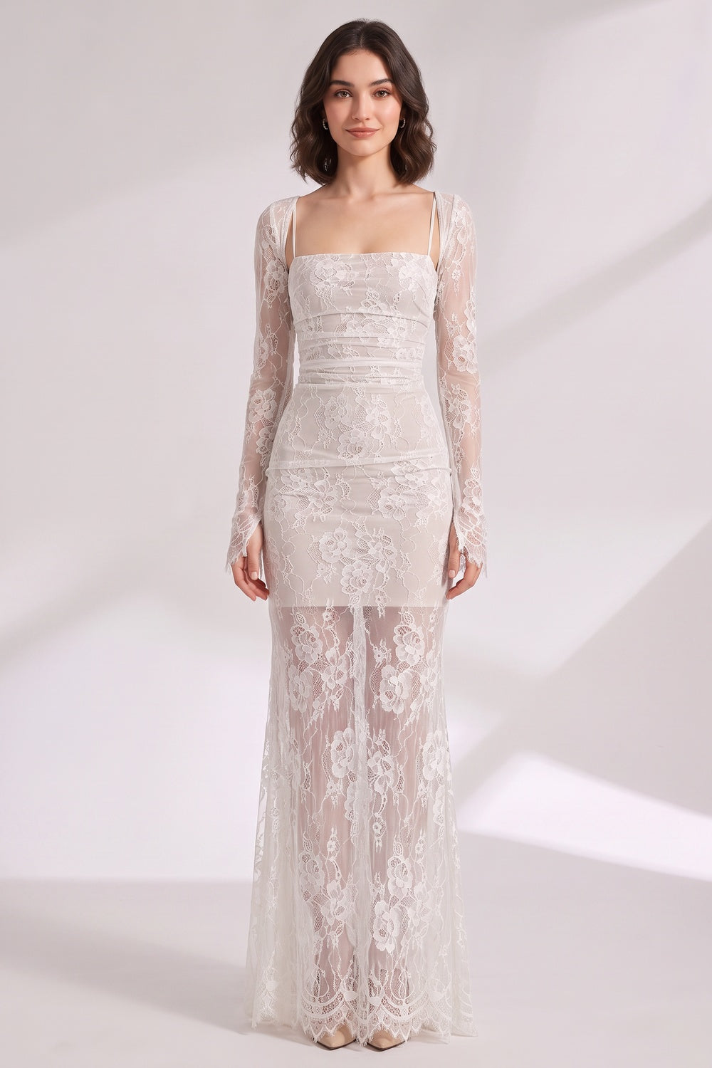 WHITE FLORAL LACE COLUMN MAXI DRESS – FORMAL
