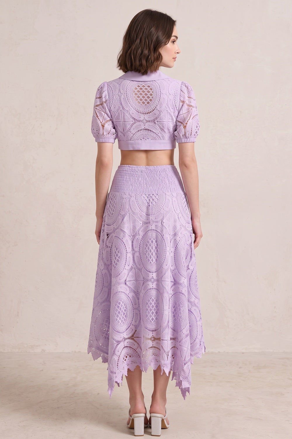 724363f30b272e0a LAVENDER CROCHET LACE CROP TOP & A-LINE SKIRT SET