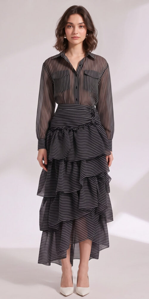 72ba3124d9411505 BLACK SHEER ORGANZA FITTED TOP & TIERED MAXI SKIRT SET