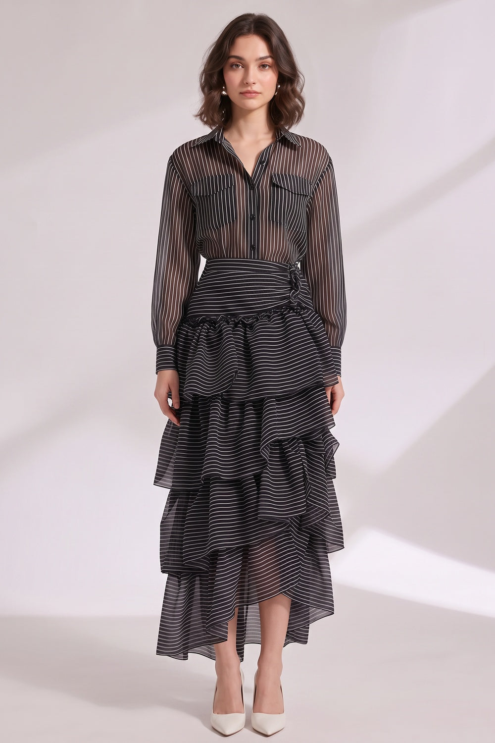 72ba3124d9411505 BLACK SHEER ORGANZA FITTED TOP & TIERED MAXI SKIRT SET