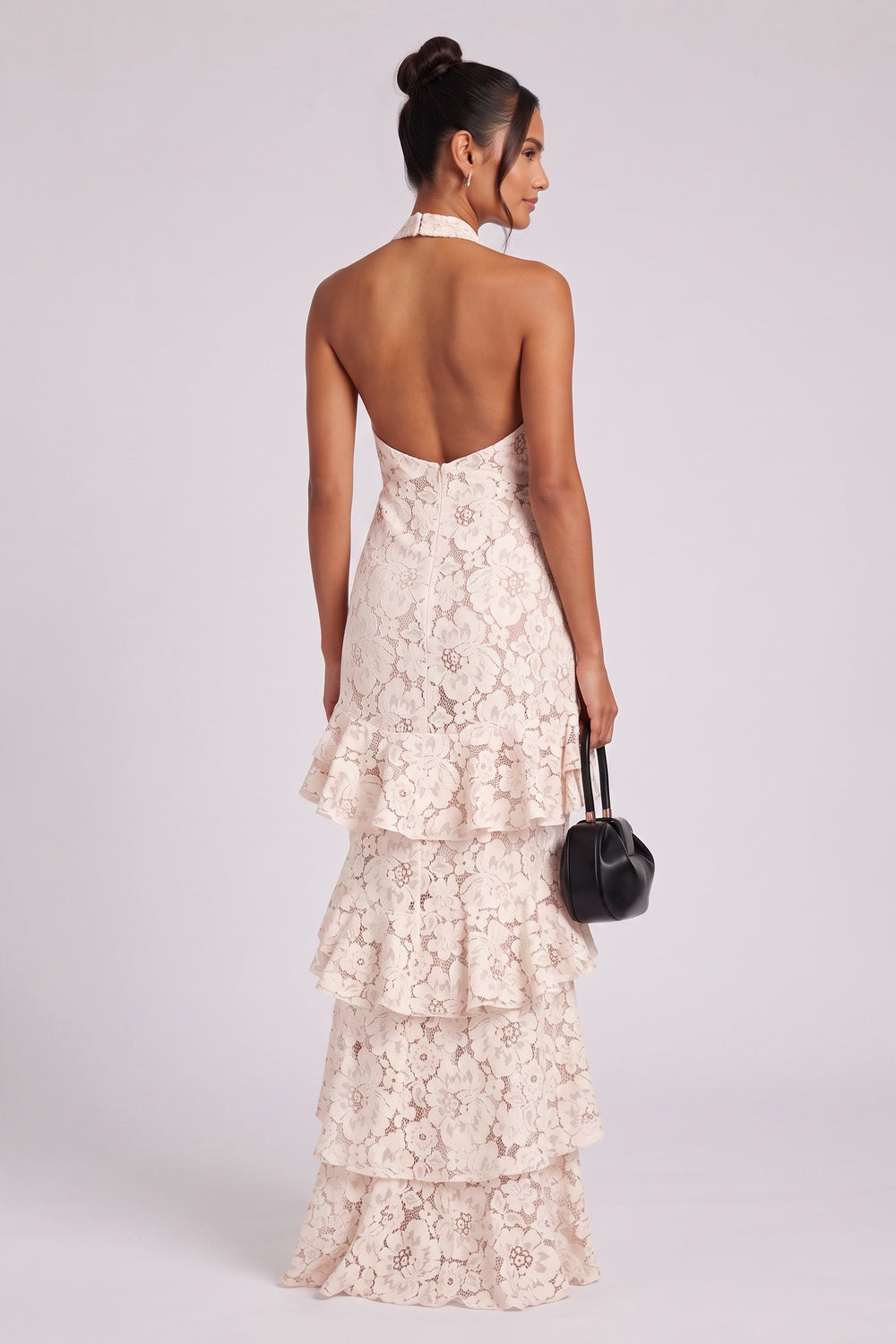 PINK FLORAL LACE HALTER MAXI GOWN – WEDDING GUEST