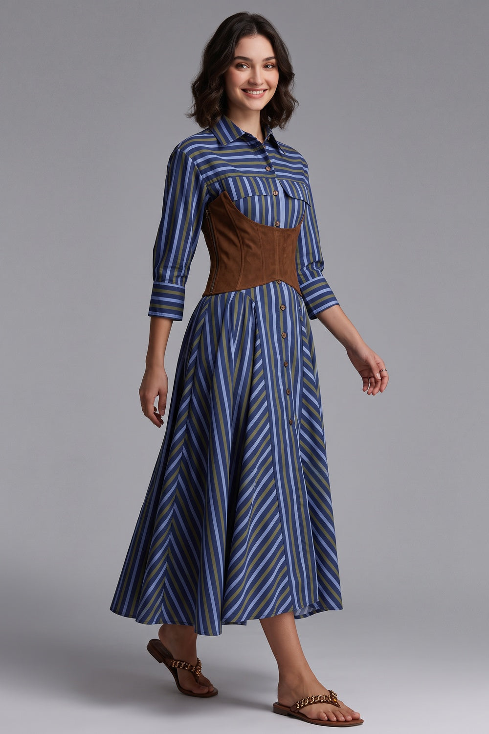 72fb4f7a19669083 BLUE A-LINE SHIRT DRESS CORSET BELT CASUAL