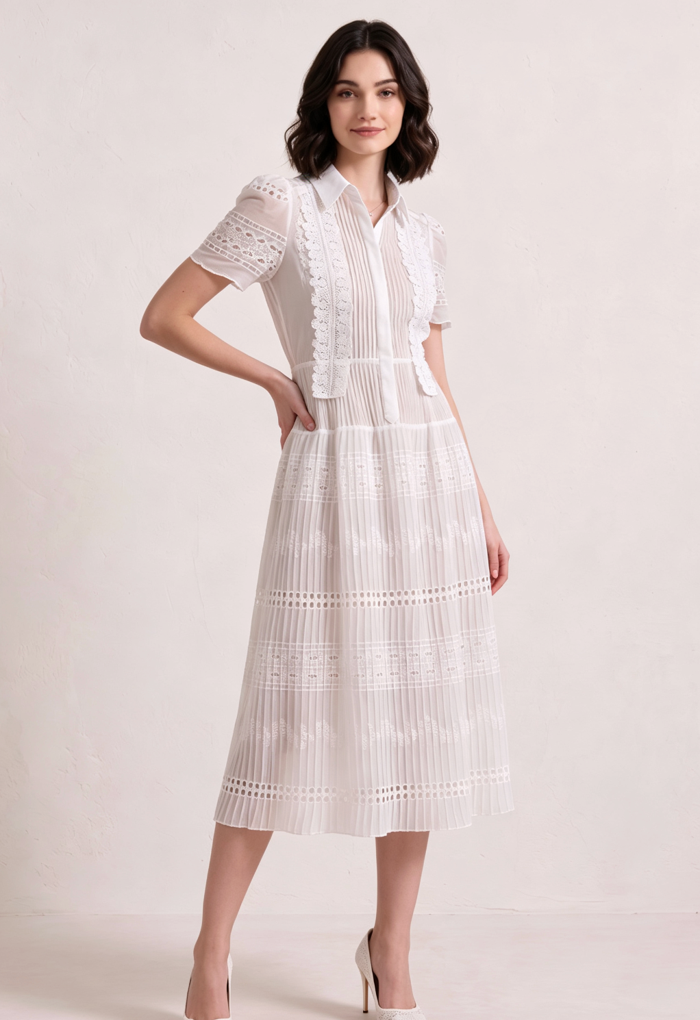 7410e5e0a3b5af85833717ca595697aa WHITE PLEATED LACE MIDI DRESS – WEDDING GUEST