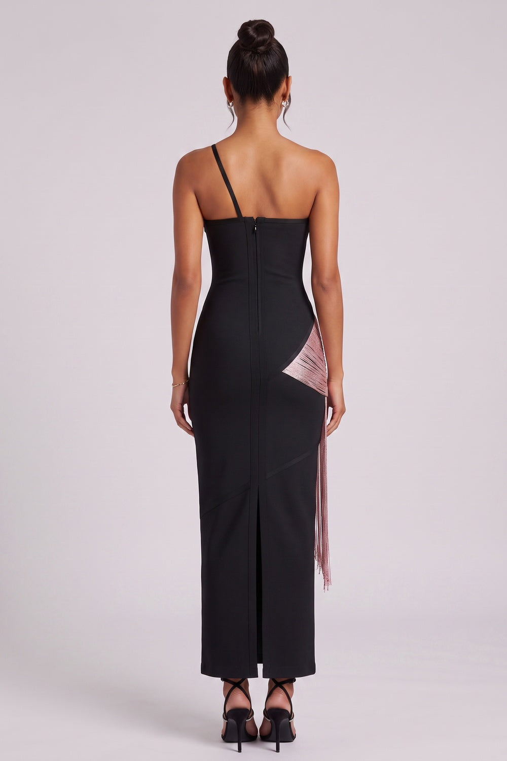 747120ef1827b1d2 BLACK ONE-SHOULDER FRINGE COLUMN DRESS - PARTY