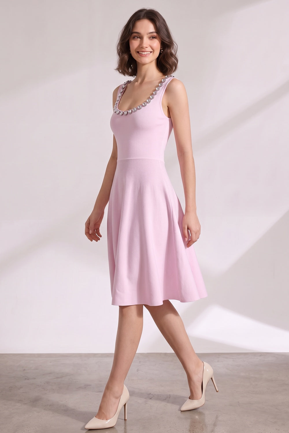 75aa10e99efeac76 LIGHT PINK FIT-AND-FLARE KNIT DRESS FOR WEDDINGS