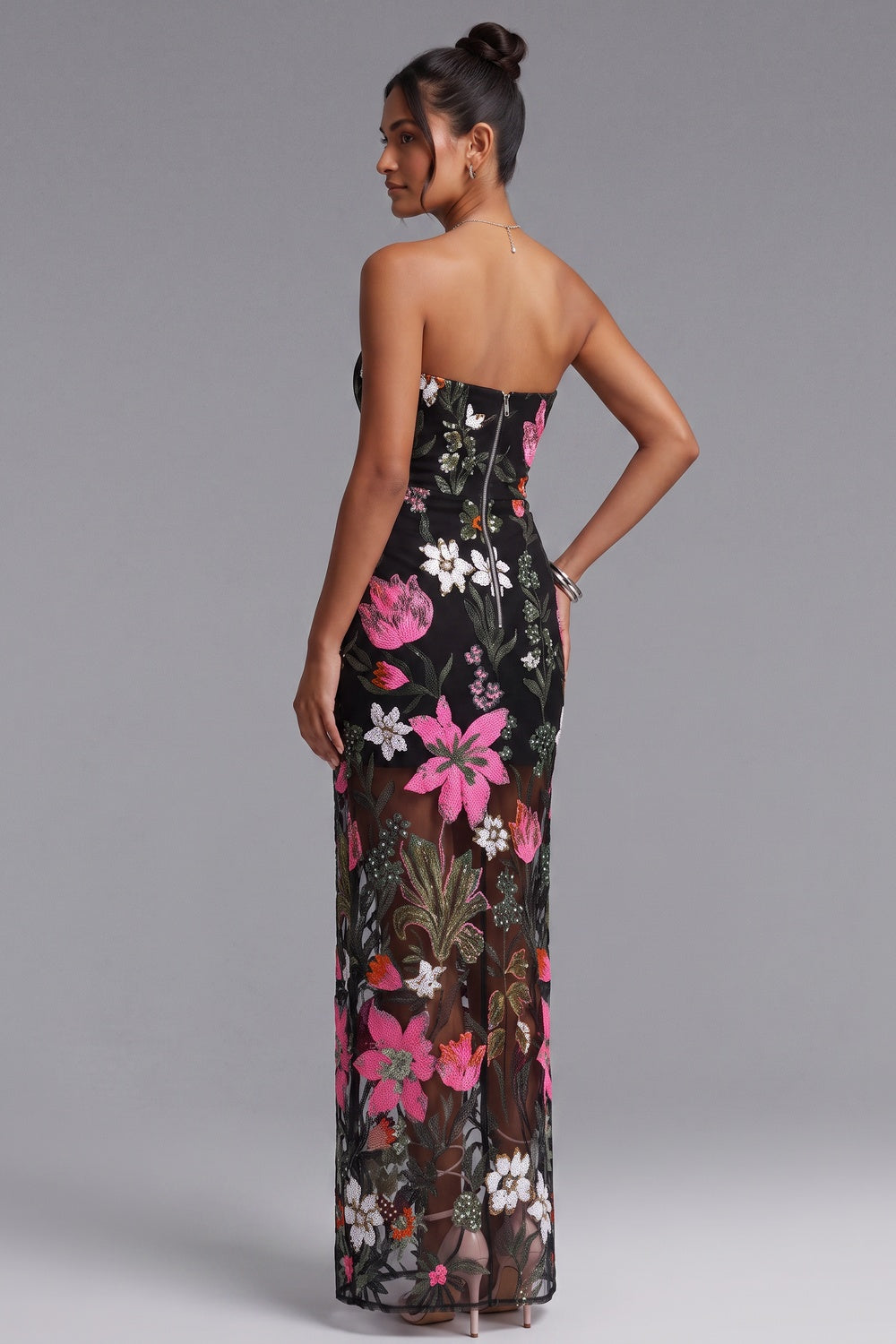 76bba456d8202ded BLACK FLORAL EMBROIDERED MESH MAXI DRESS FOR EVENING