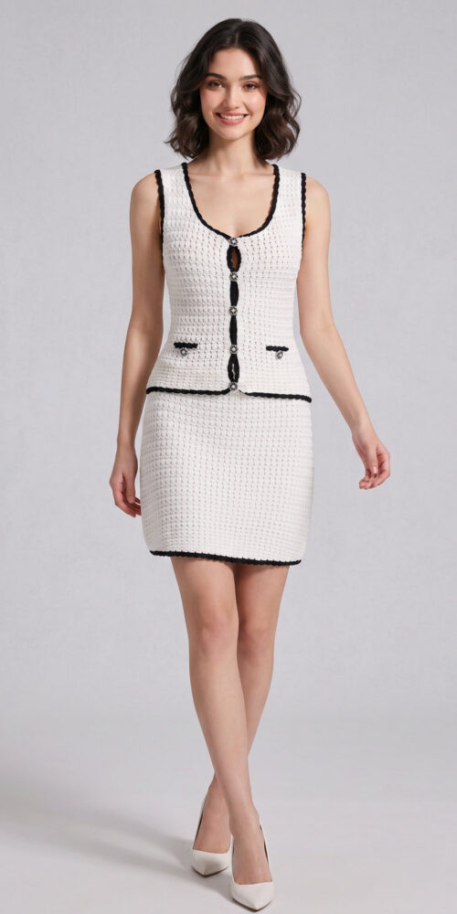 WHITE KNIT FITTED TWO-PIECE SET – CHIC PARTY OUTFIT