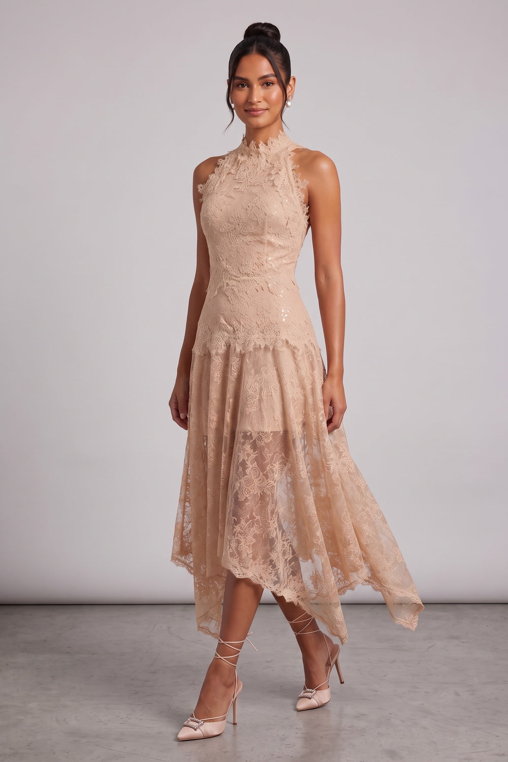 777ebbda1c32416f BEIGE FLORAL LACE A-LINE MIDI DRESS – WEDDING GUEST
