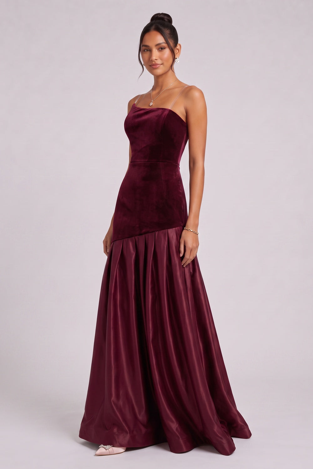 BURGUNDY VELVET ASYMMETRIC A-LINE GOWN – FORMAL