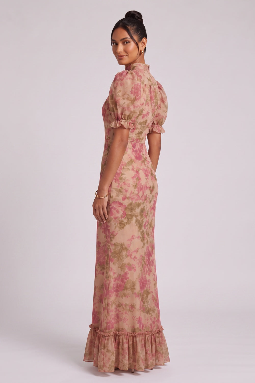78f75cd50153cb95 BEIGE FLORAL CHIFFON MERMAID DRESS | PUFF SLEEVE WEDDING GUEST