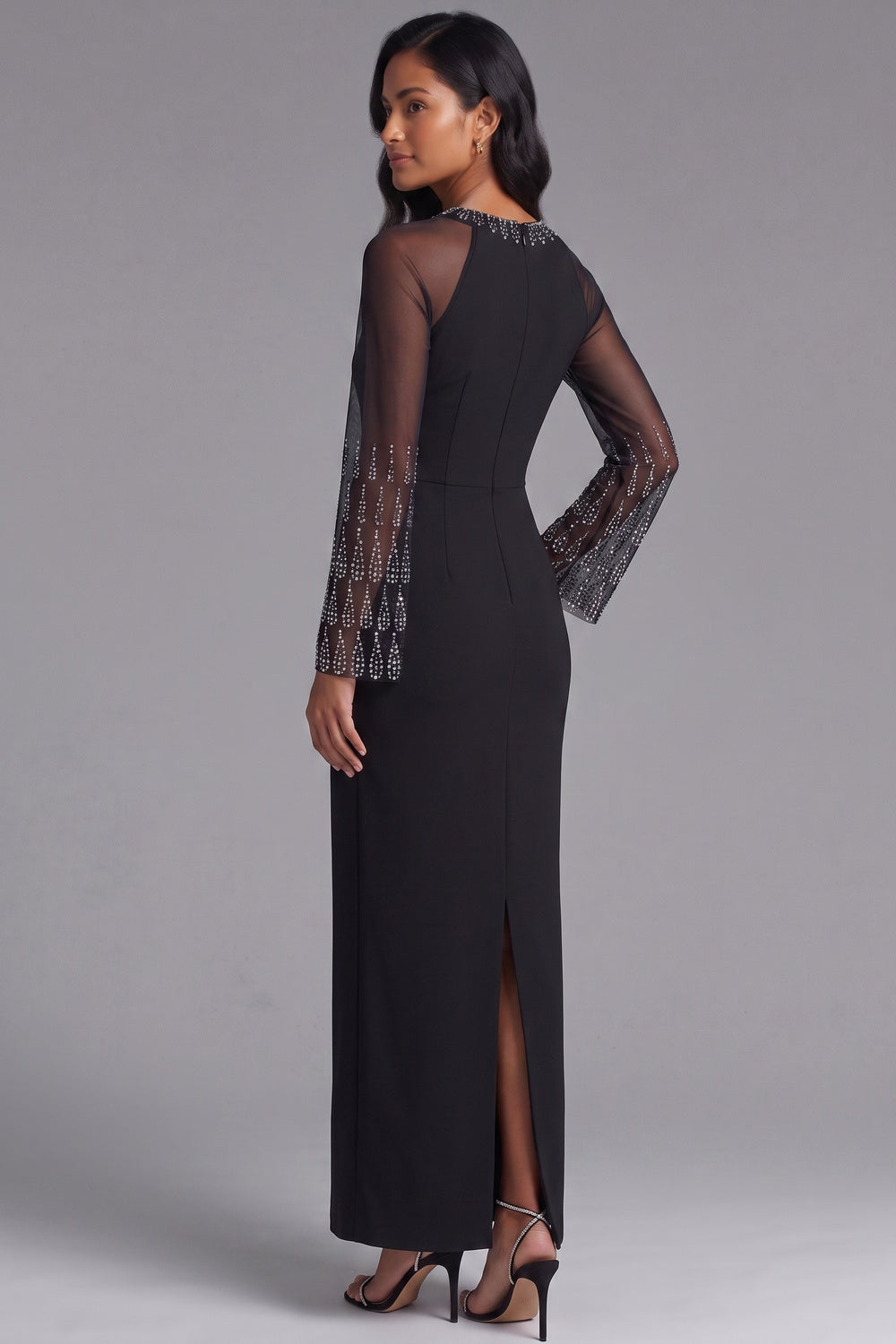 79c1aac619d26c45 BLACK SHEER-SLEEVE EMBELLISHED SHEATH MAXI DRESS