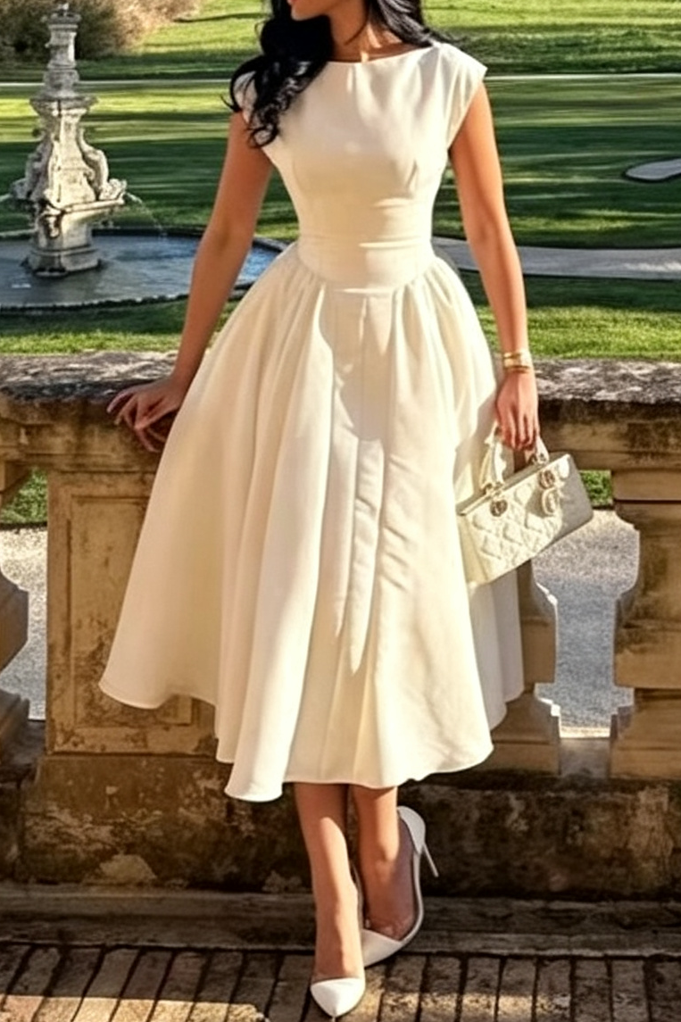 7_39a8e0a2-1892-40b4-9c5f-aaaf92ab53f8 IVORY SATIN FIT-AND-FLARE MIDI DRESS – WEDDING GUEST