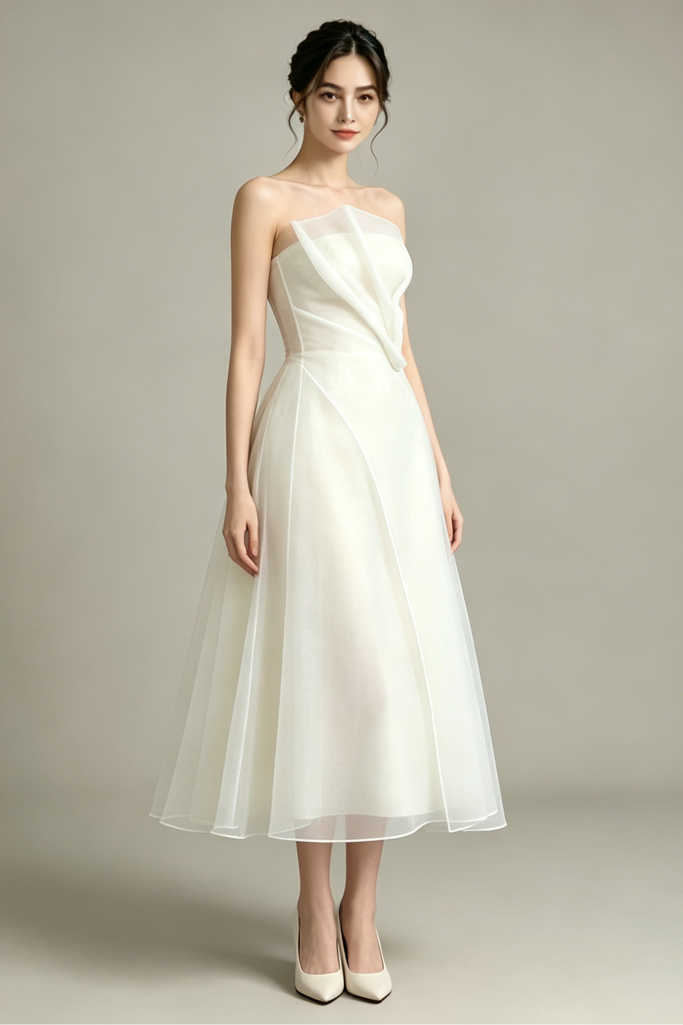 STRAPLESS ORGANZA MIDI DRESS – WHITE PROM & WEDDING