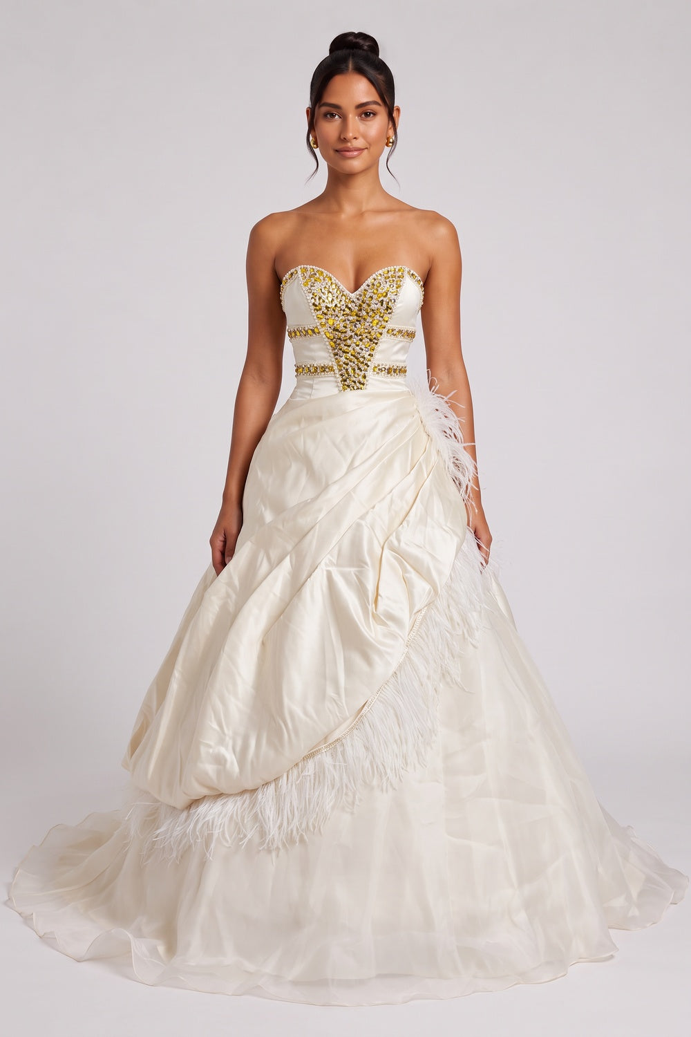 7a2fcd4c75fcec5e CREAM SATIN BALL GOWN RHINESTONE FEATHER PROM