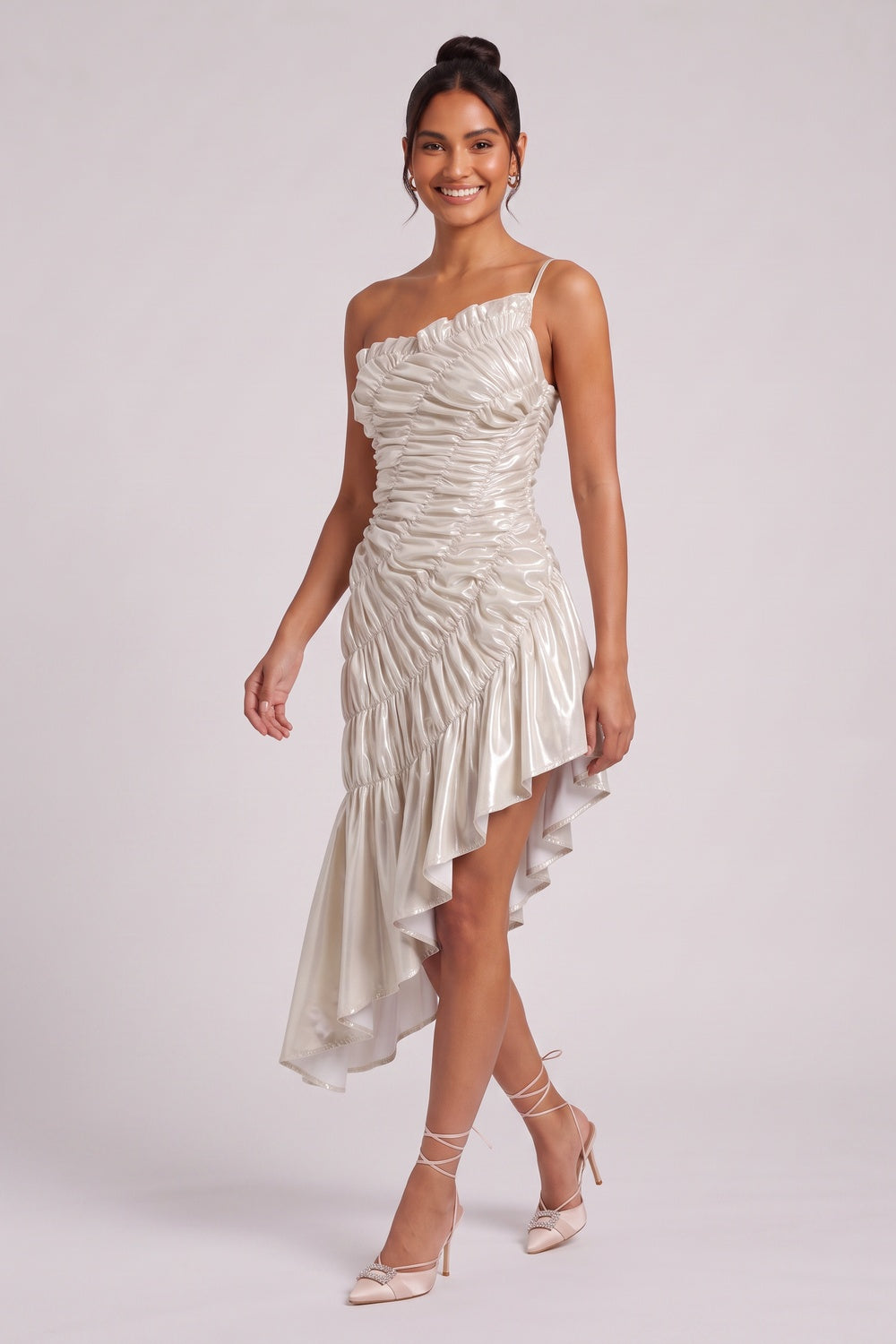 7b0e44e4dd6065e3 CHAMPAGNE GOLD RUCHED ASYMMETRIC COCKTAIL DRESS
