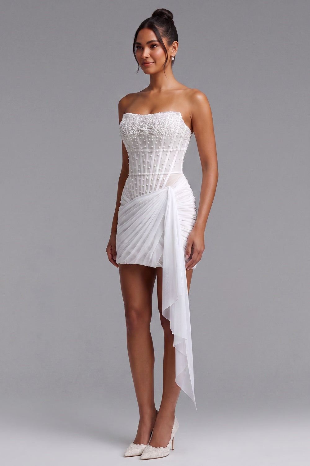 WHITE CORSET MINI DRESS – FITTED CREPE PARTY STYLE