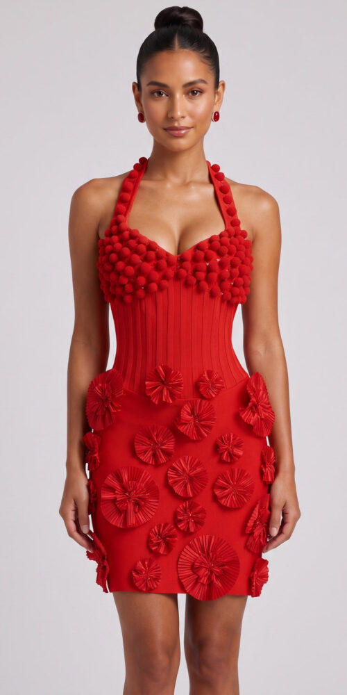 7c0ed3b1df07baaf RED 3D ROSETTE BODYCON DRESS - PARTY COCKTAIL