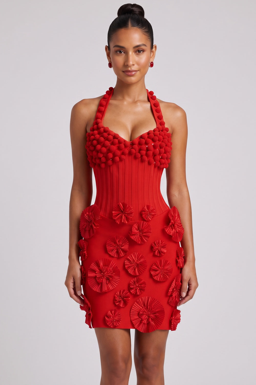 7c0ed3b1df07baaf RED 3D ROSETTE BODYCON DRESS - PARTY COCKTAIL