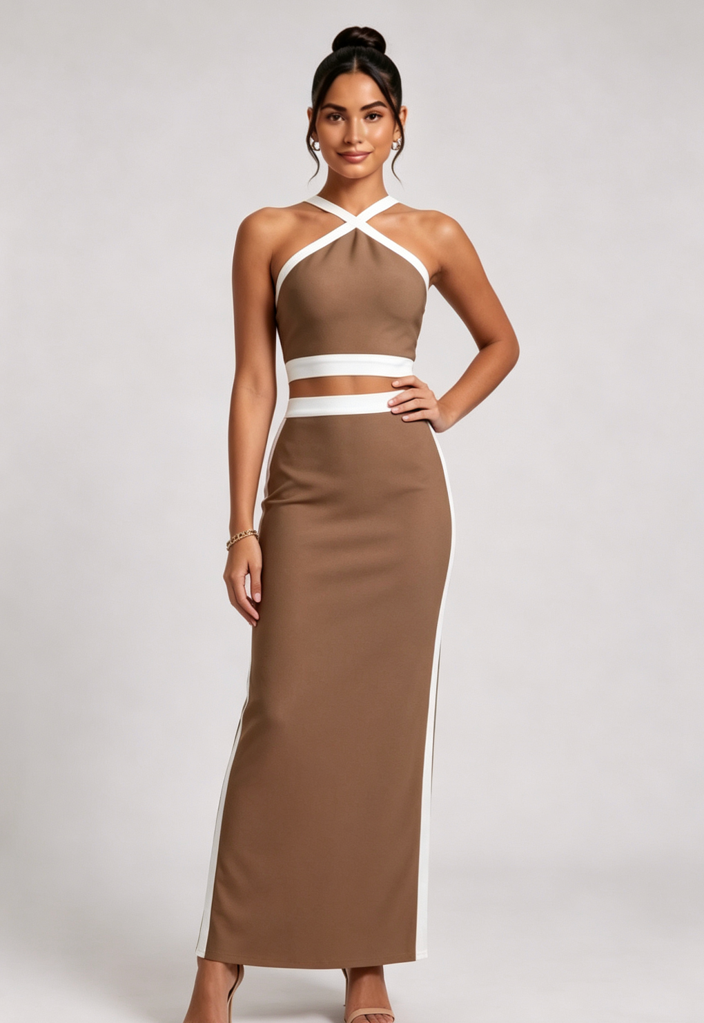 7c83199f2093451179c470aef86eca02 BROWN KNIT HALTER TWO-PIECE SET MAXI SKIRT