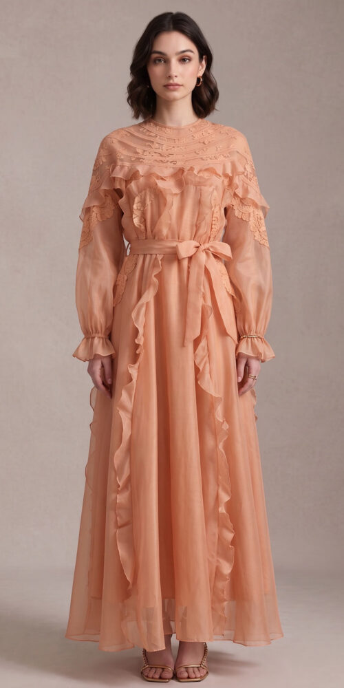 7ce65d94b2cfcc09 PEACH SHEER ORGANZA A-LINE MAXI DRESS FOR WEDDINGS
