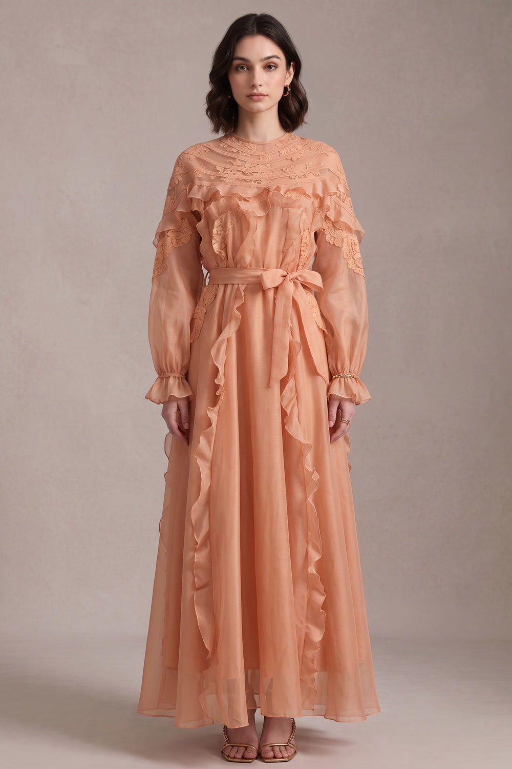 7ce65d94b2cfcc09 PEACH SHEER ORGANZA A-LINE MAXI DRESS FOR WEDDINGS
