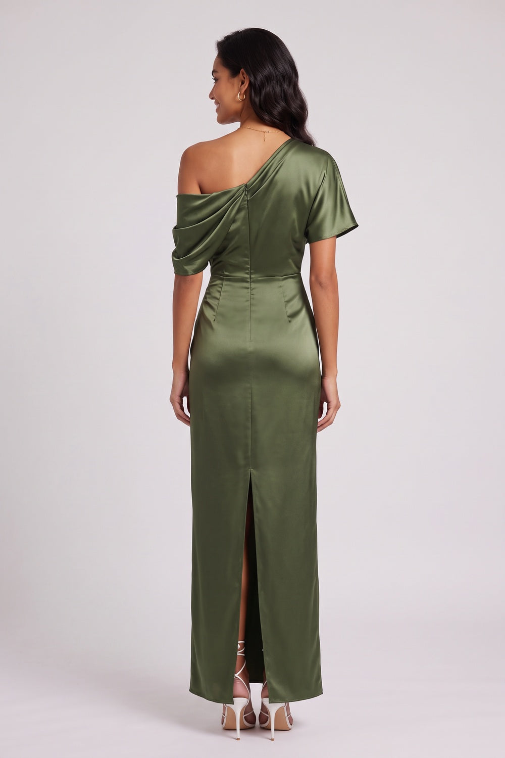 OLIVE SATIN COLUMN DRESS – FORMAL EVENING