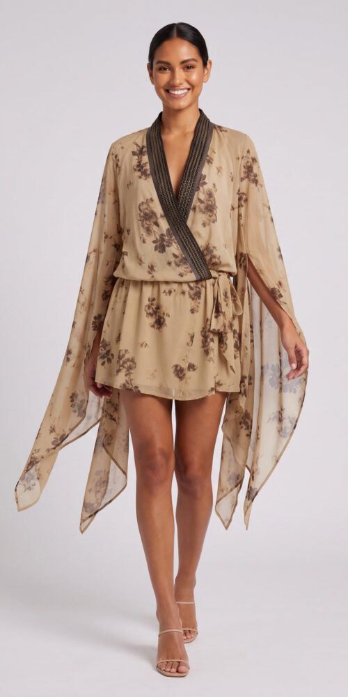7e35591bfb58dd06 BEIGE CHIFFON CAPE-SLEEVE WRAP MINI DRESS