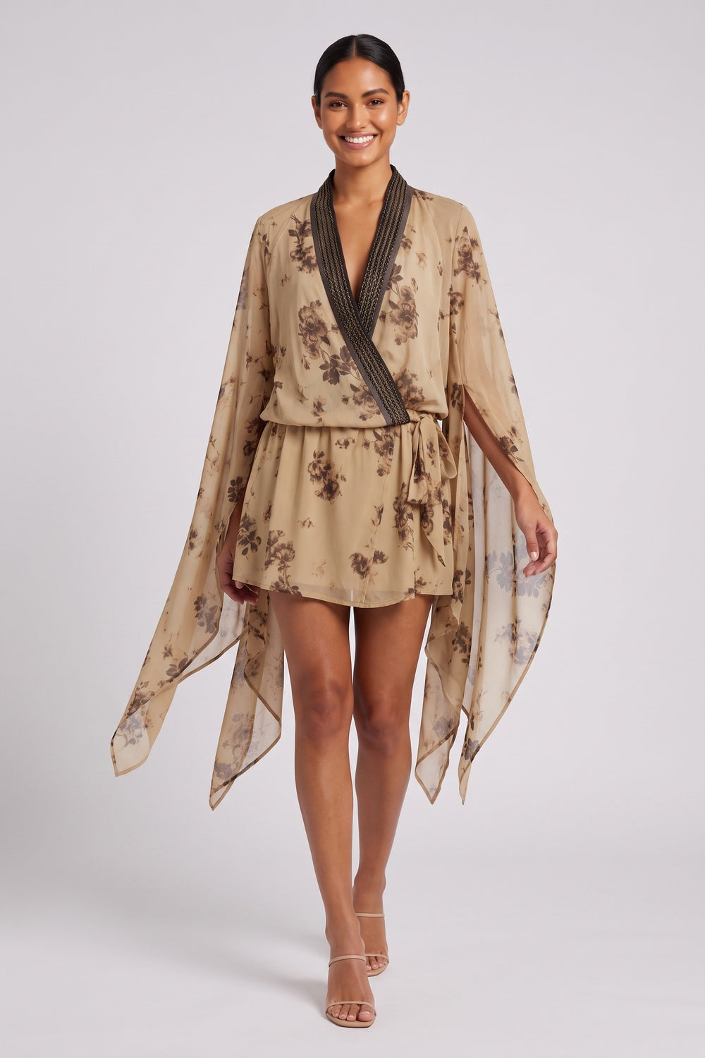 7e35591bfb58dd06 BEIGE CHIFFON CAPE-SLEEVE WRAP MINI DRESS