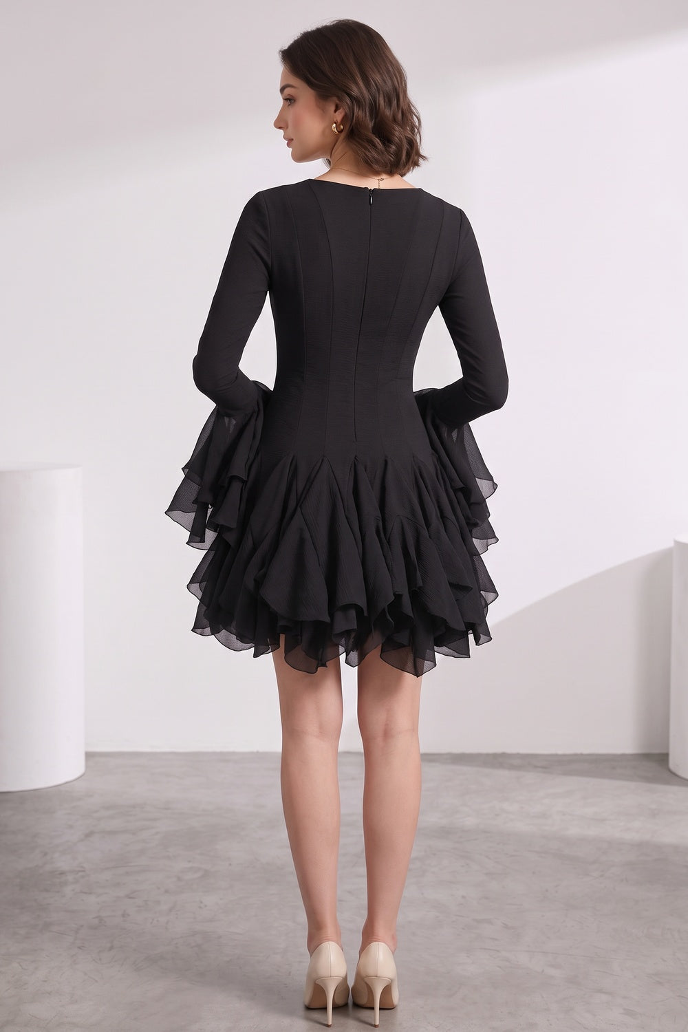 81fc07b033980c71 BLACK CREPE FIT-AND-FLARE COCKTAIL DRESS