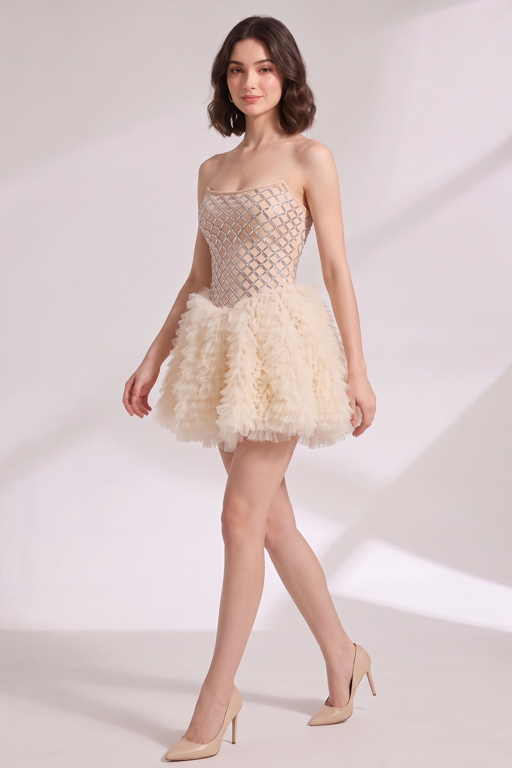CHAMPAGNE TULLE FIT-AND-FLARE MINI DRESS