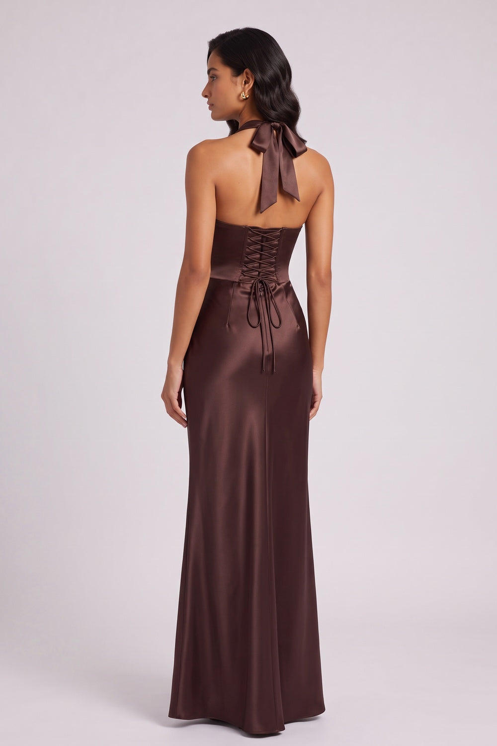 BROWN SATIN COLUMN GOWN - FORMAL EVENING