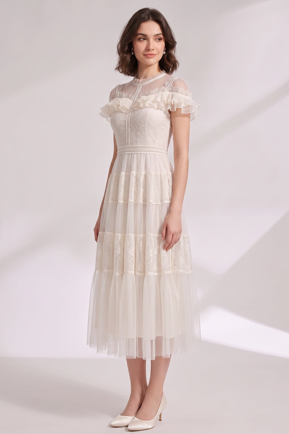 82dc517f6e79f5bb IVORY LACE TULLE FIT-AND-FLARE A-LINE MIDI DRESS