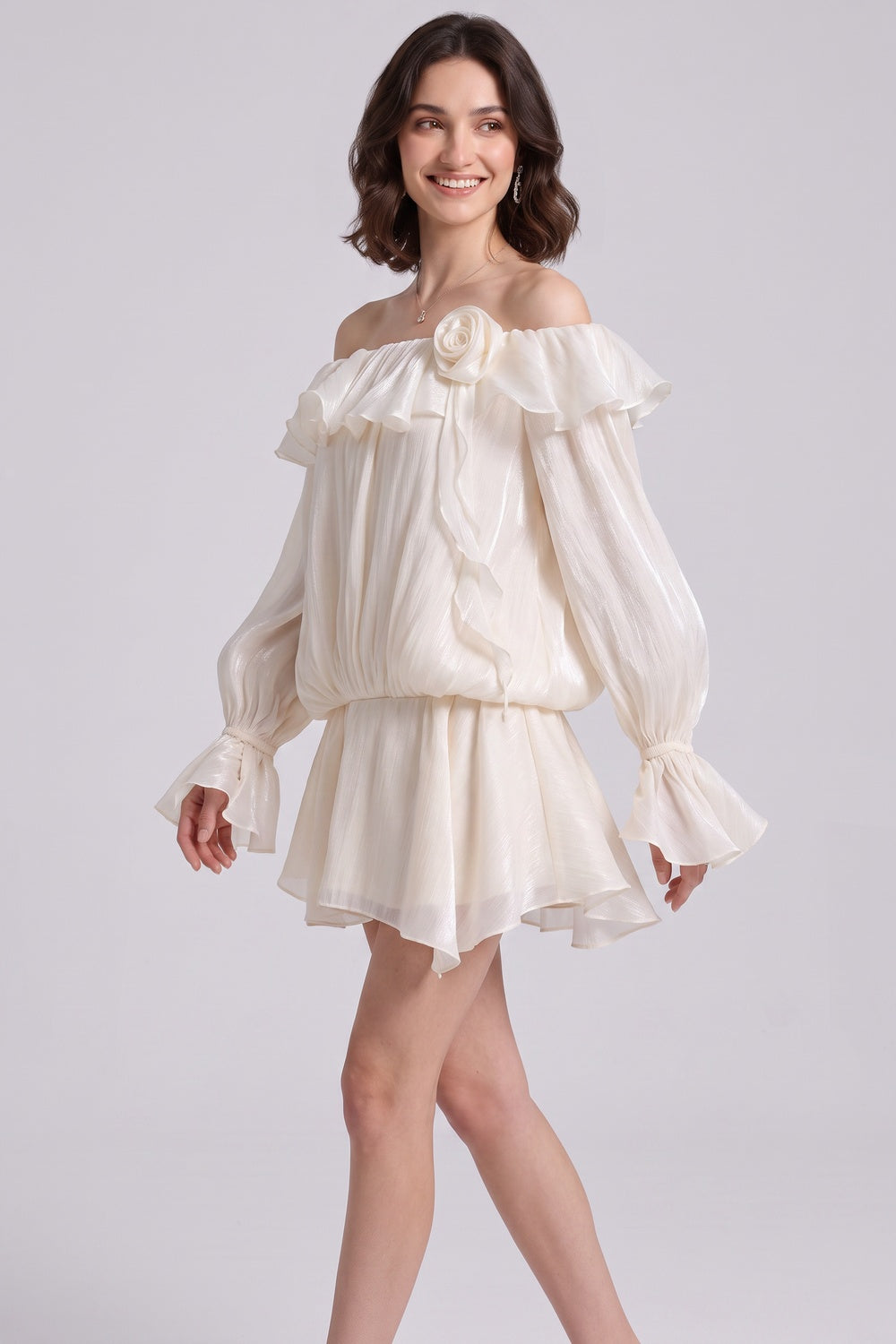 IVORY CHIFFON BLOUSON MINI DRESS – FLARE SKIRT