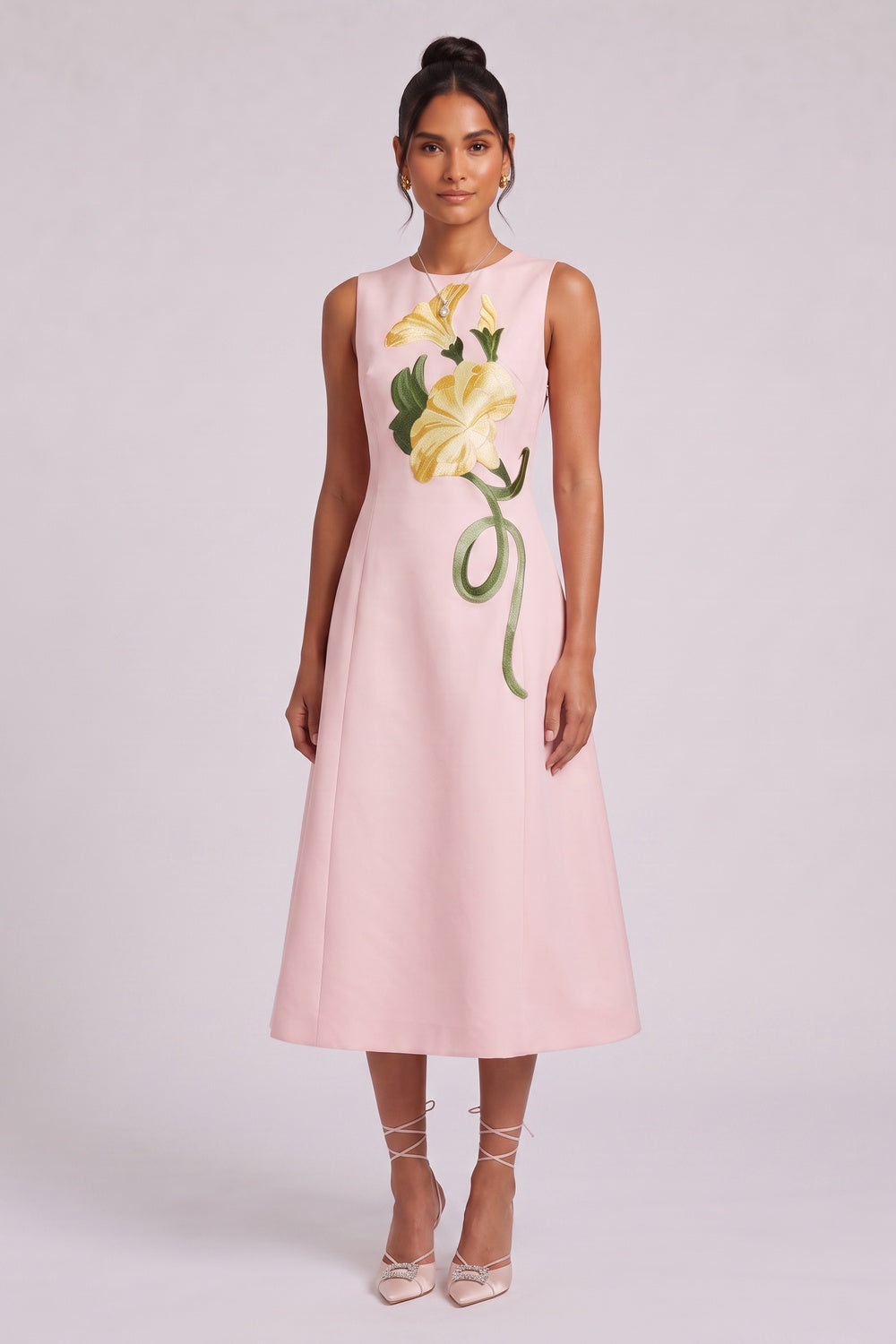 840d6cf85c476a5b PALE PINK A-LINE MIDI DRESS | FLORAL WEDDING GUEST