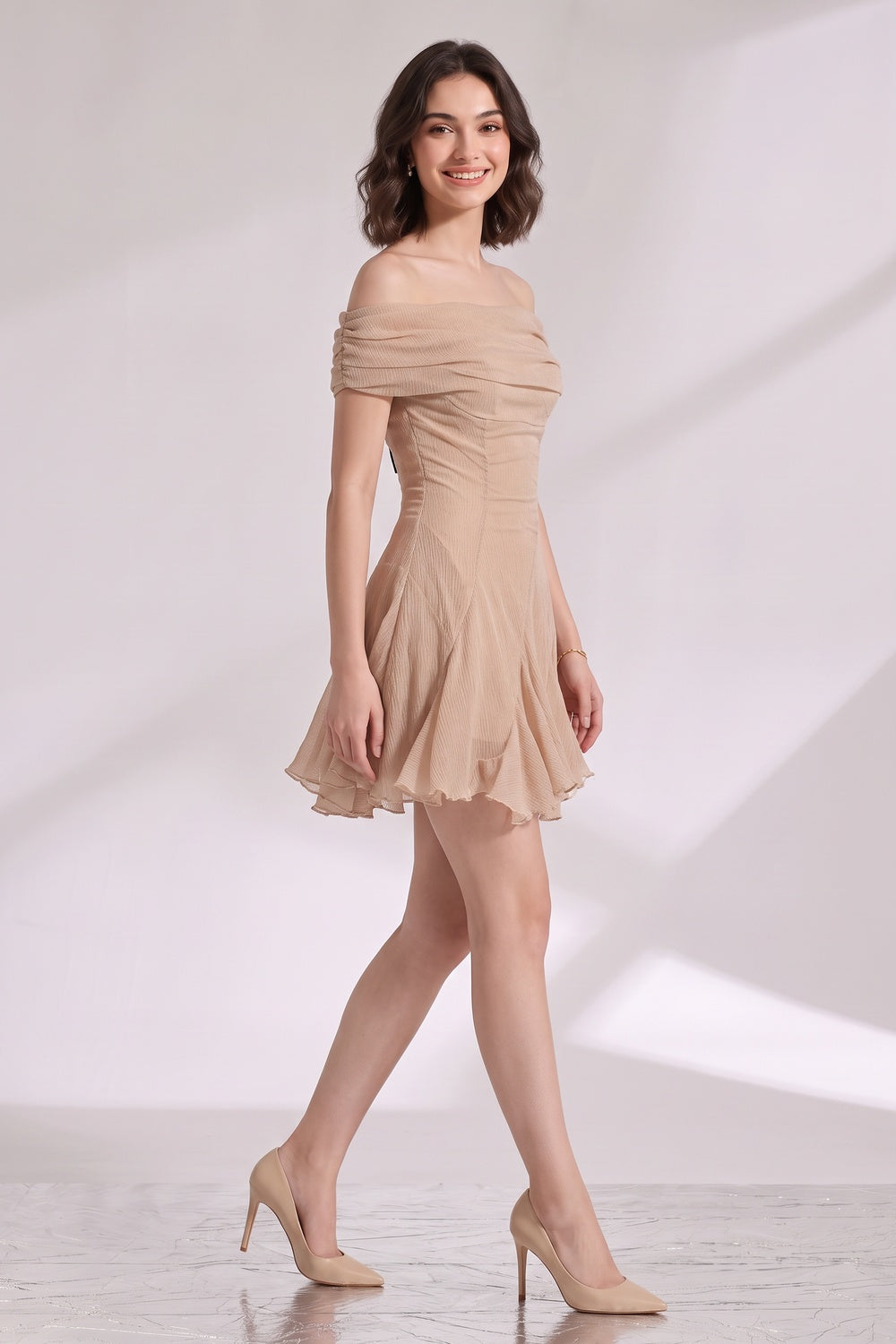 844de322b00aa0f5 BEIGE OFF-SHOULDER FIT-AND-FLARE CHIFFON MINI DRESS