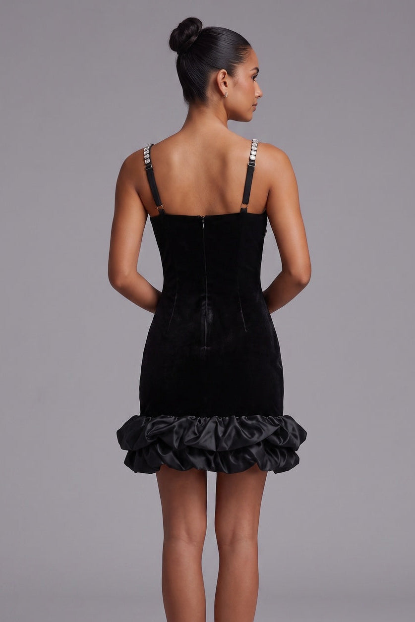 84b7cdeb8ede09d8 BLACK VELVET BODYCON BUBBLE HEM COCKTAIL DRESS