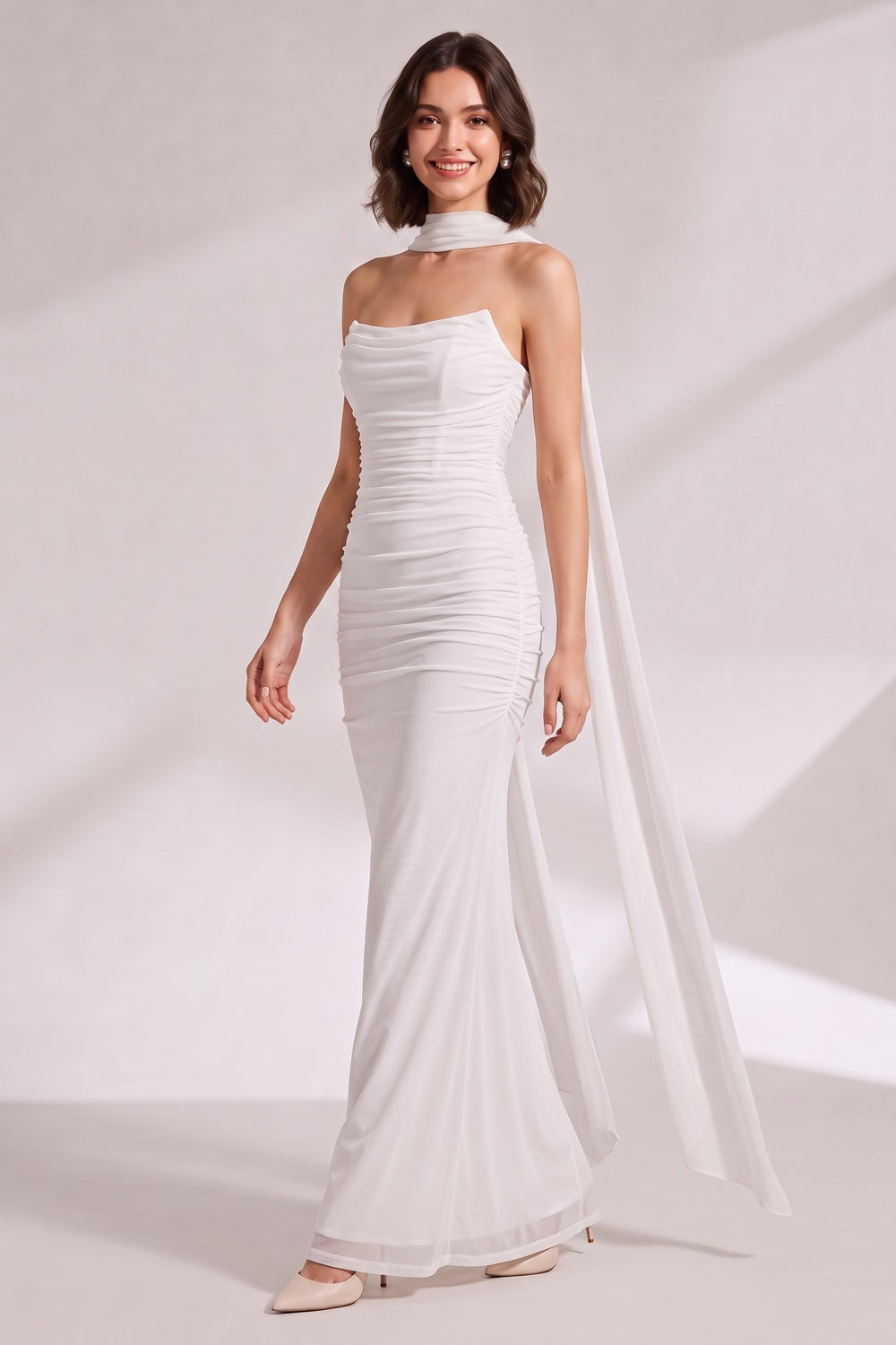 85b3fd9fb4441a6b WHITE RUCHED MESH COLUMN EVENING GOWN
