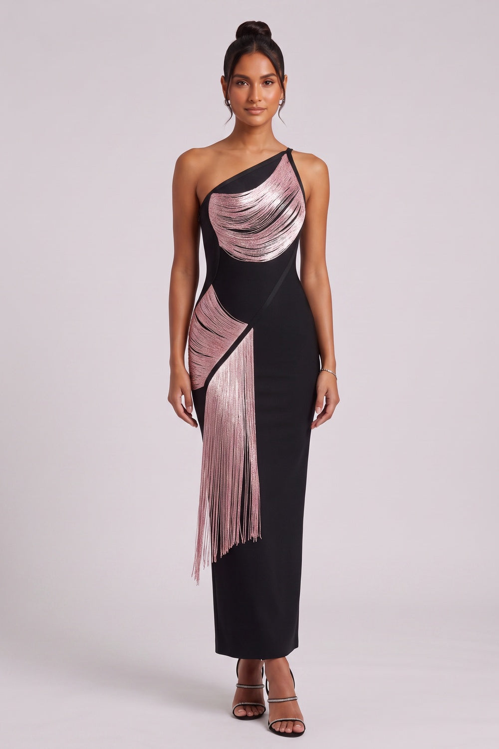 867a96a5d565bd43 BLACK ONE-SHOULDER FRINGE COLUMN DRESS - PARTY