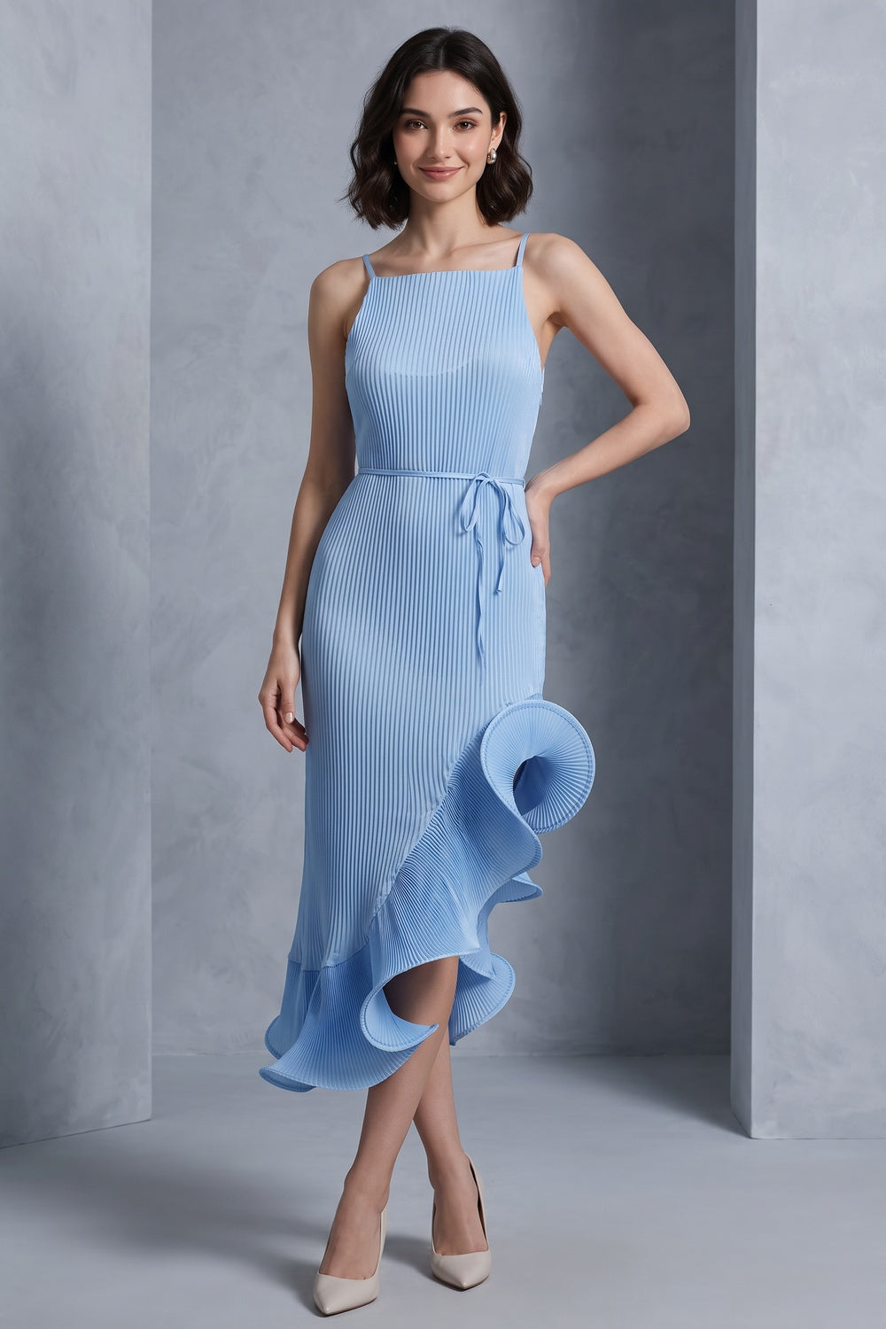 87020d7d8c69e075 LIGHT BLUE SHEATH DRESS ASYMMETRICAL HEM COCKTAIL