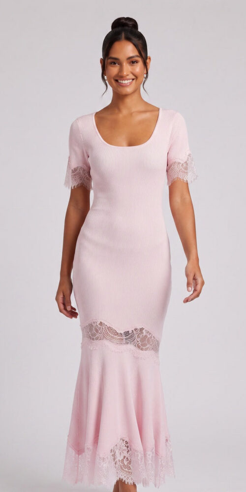 87d020502786829c LIGHT PINK RIBBED MERMAID MAXI DRESS LACE FORMAL