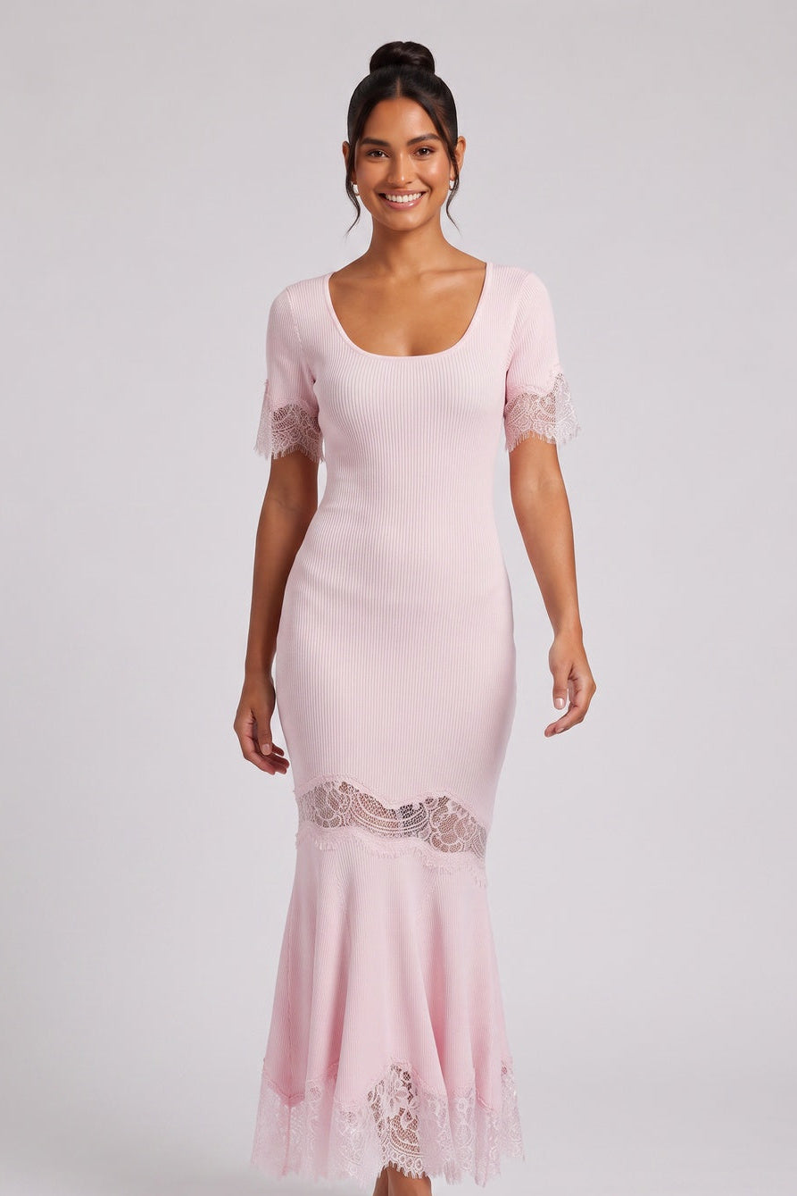 87d020502786829c LIGHT PINK RIBBED MERMAID MAXI DRESS LACE FORMAL