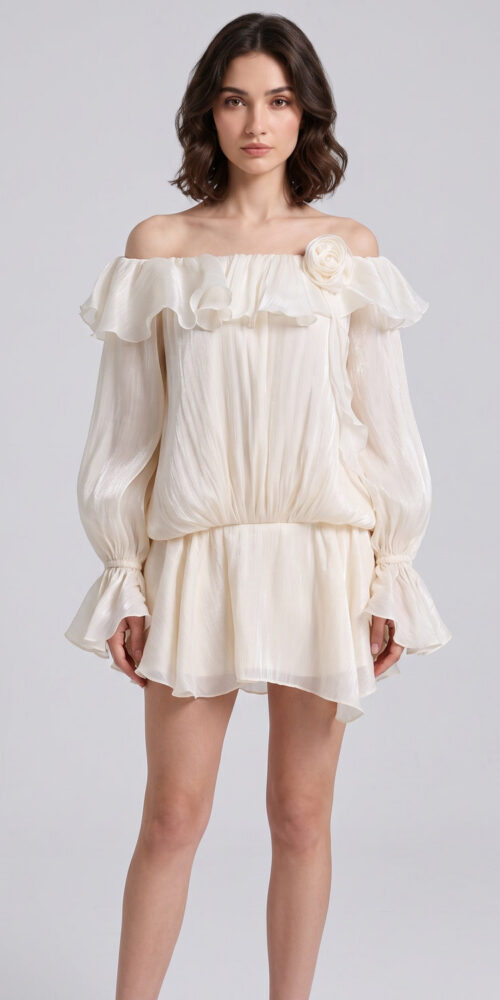 8849758402359fbf IVORY CHIFFON BLOUSON MINI DRESS – FLARE SKIRT