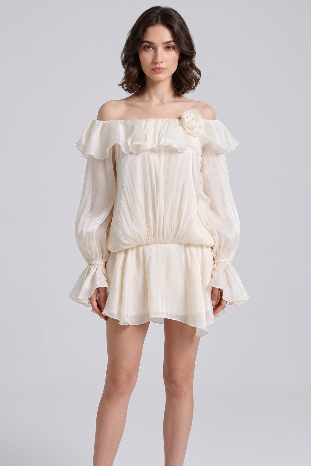 IVORY CHIFFON BLOUSON MINI DRESS – FLARE SKIRT