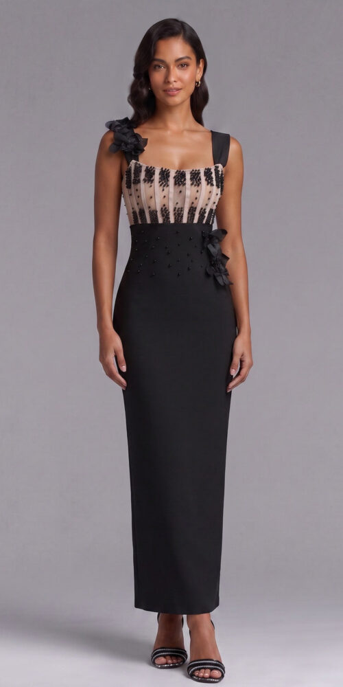 8913206fba3eb979 BLACK CREPE COLUMN EVENING GOWN BEADED FORMAL DRESS