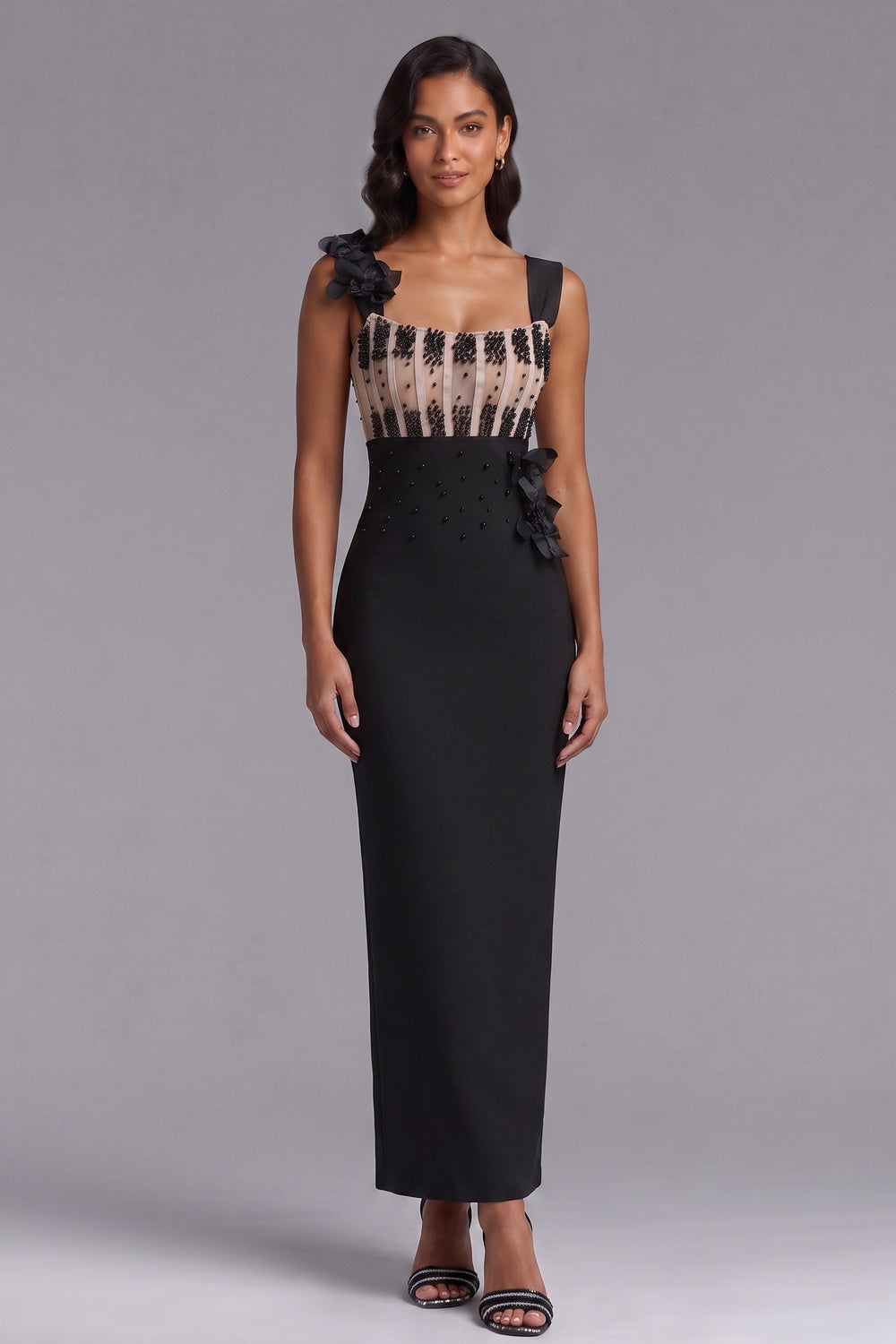 8913206fba3eb979 BLACK CREPE COLUMN EVENING GOWN BEADED FORMAL DRESS